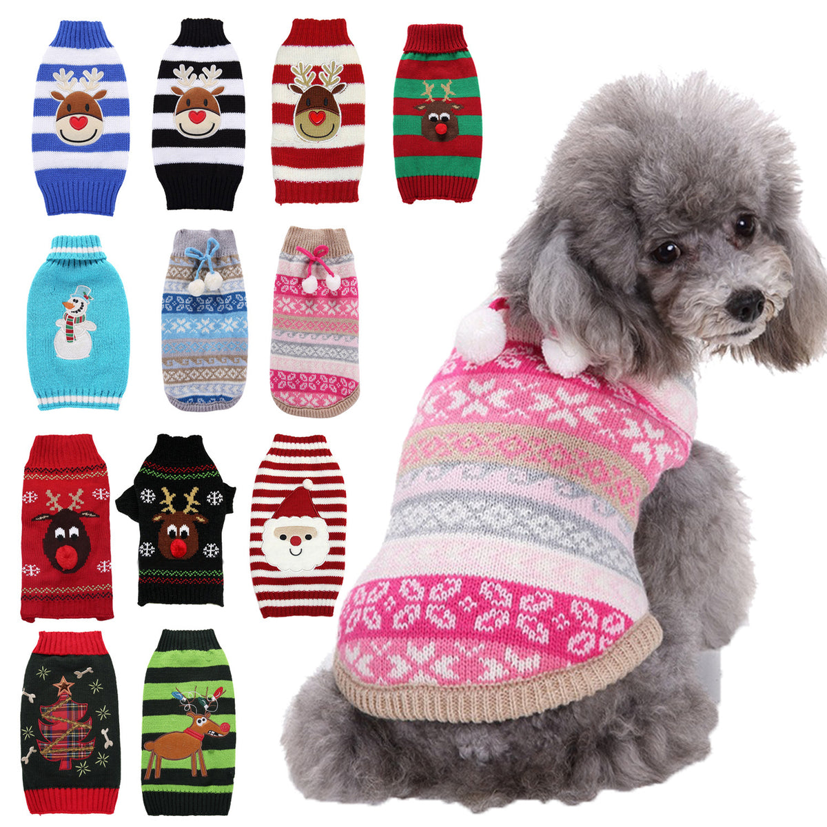Christmas knitted dog jumper with festive pattern in Red and White Reindeer, front view