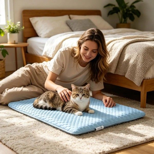 Washable ice silk pet cooling mat with a cat lying on it, view 1
