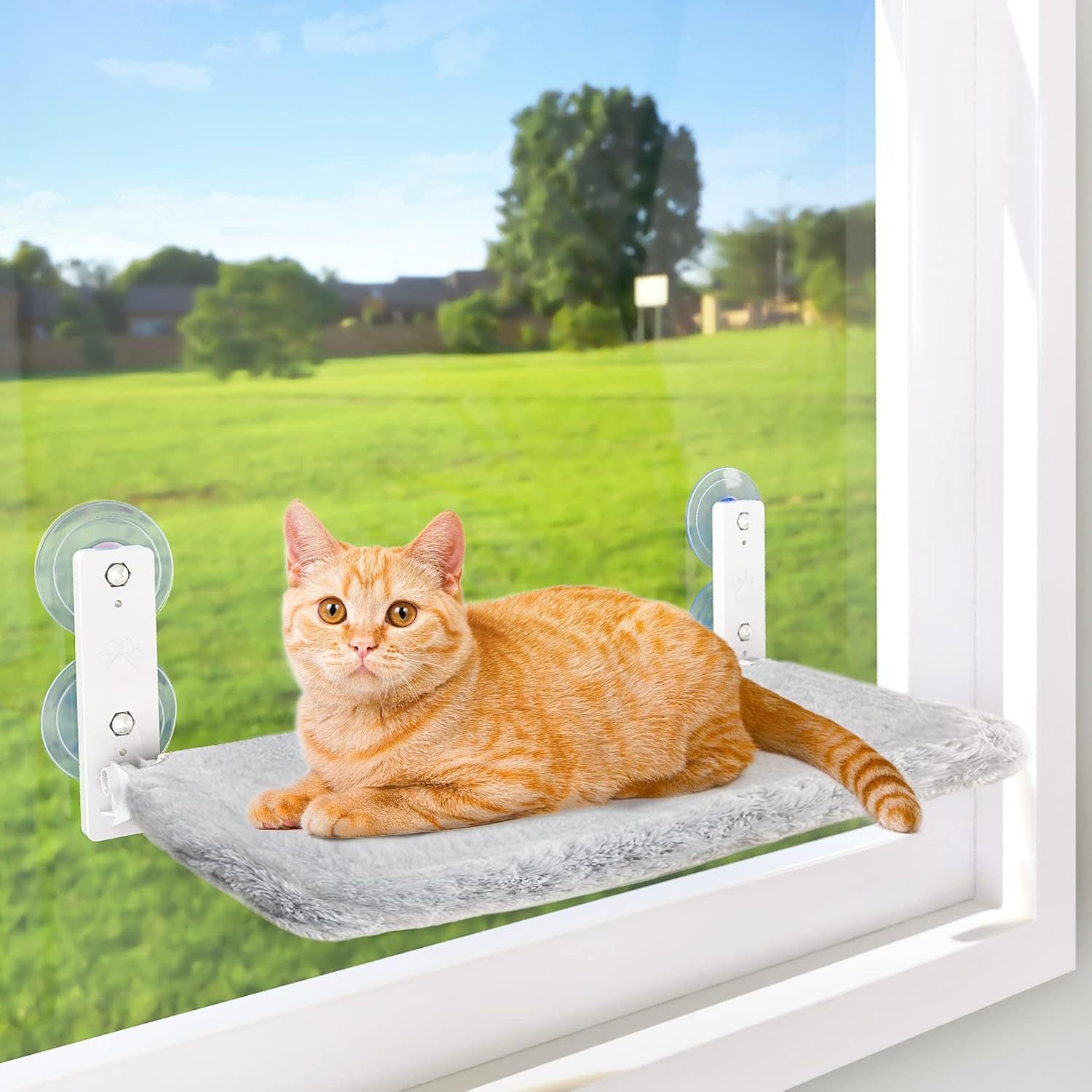 Suction cup window cat bed with plush cushion, product overview photo