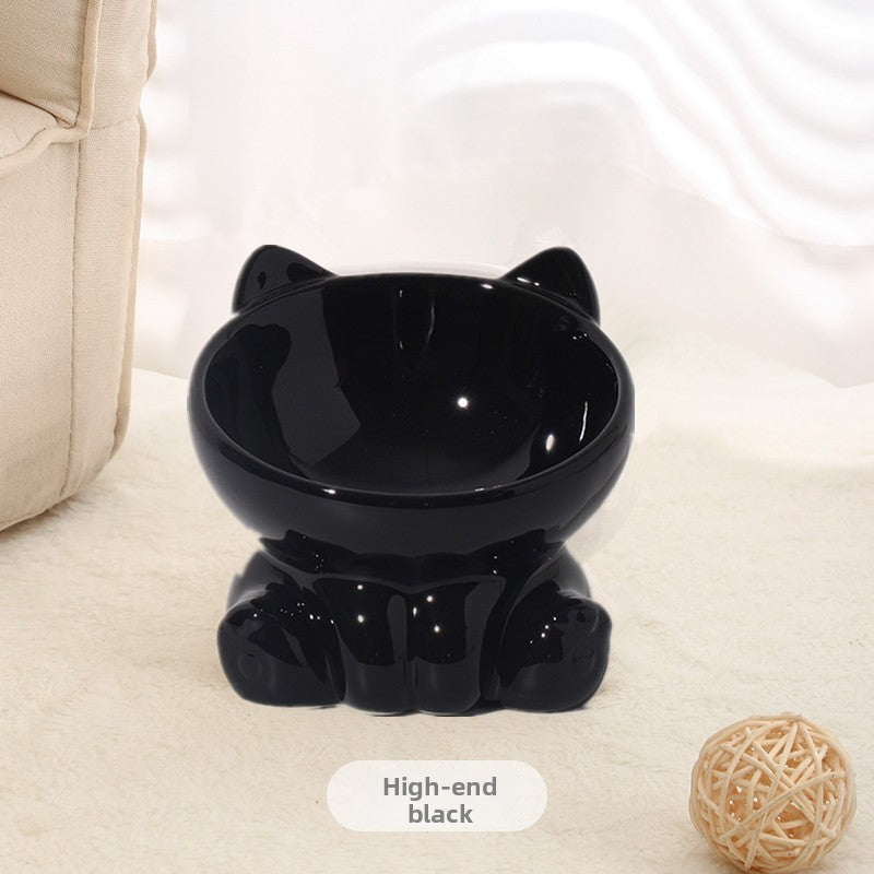 Ceramic Cat Bowl with Angled Mouth and Reaching Hand Designs, Easy-Clean Pet Food Dish