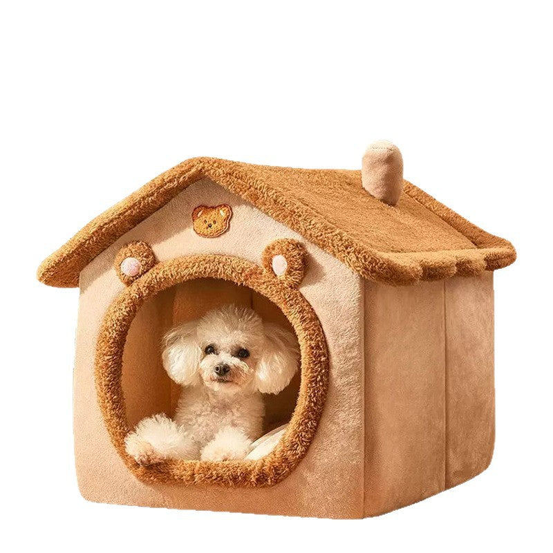 Warm brown semi enclosed flannel cat house, view 10