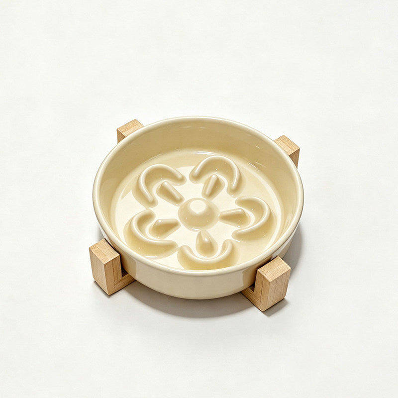 Flower-Shaped Ceramic Slow Feeder Pet Bowl with Wooden Stand for Cats and Dogs