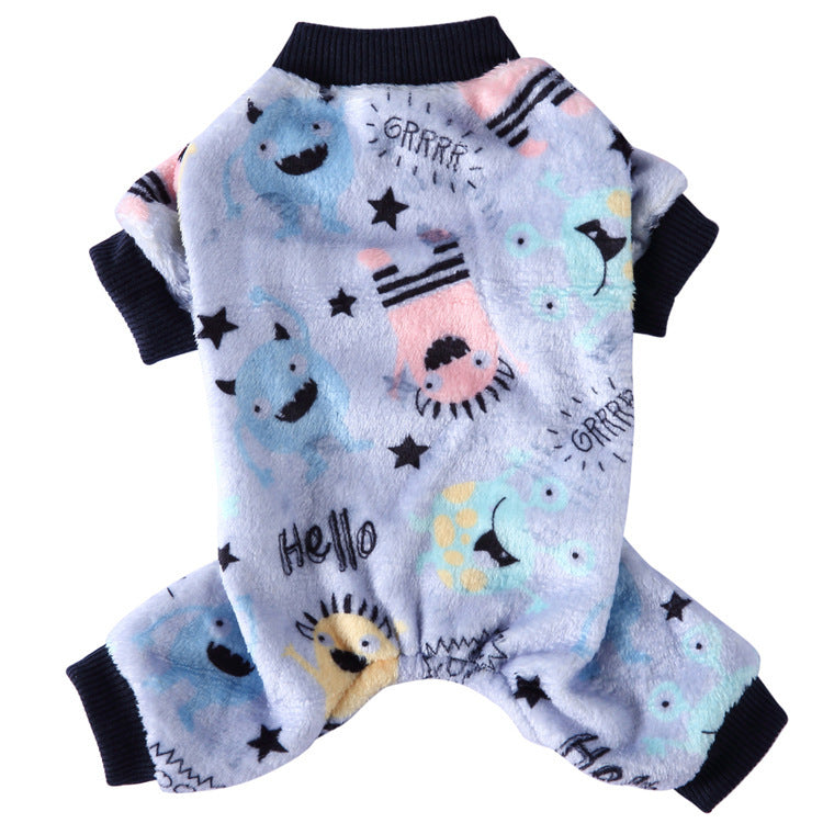 Coral fleece four-leg dog jumpsuit with holiday print, in use with a pet