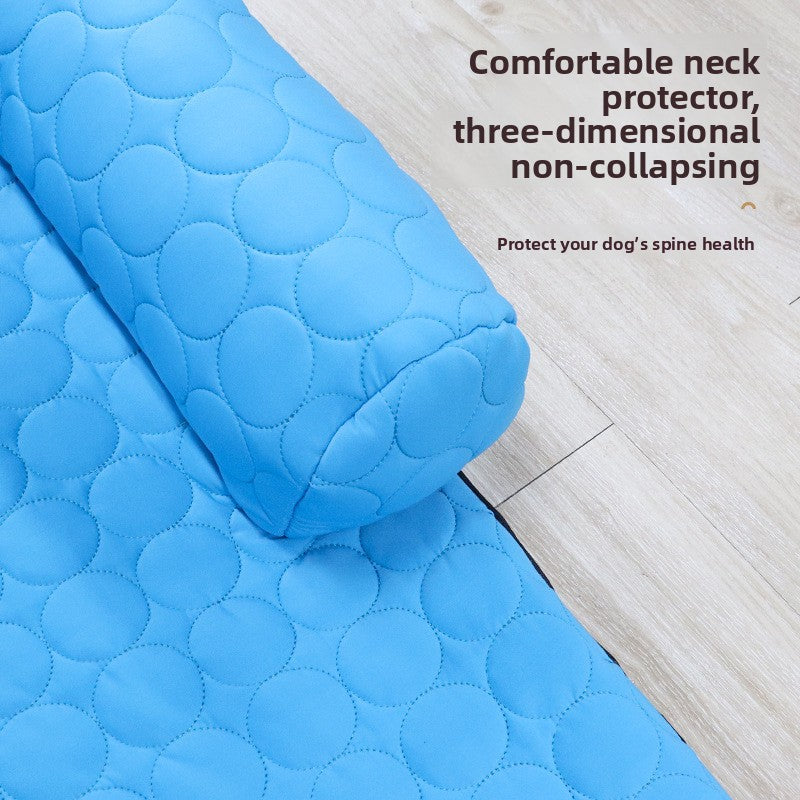 Ice silk pet cooling mat on a sofa, alternative angle view