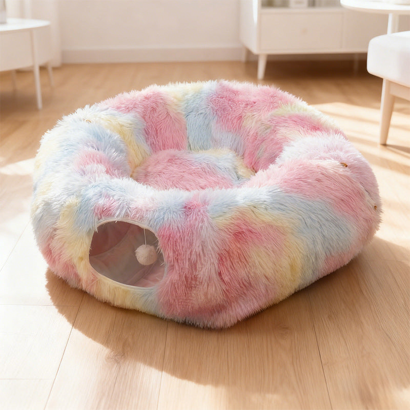 Navy and white striped foldable plush cat tunnel nest, view 7