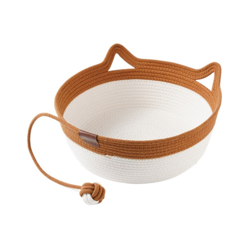 Woven rattan cat bed with cat ears and toy ball, view 5