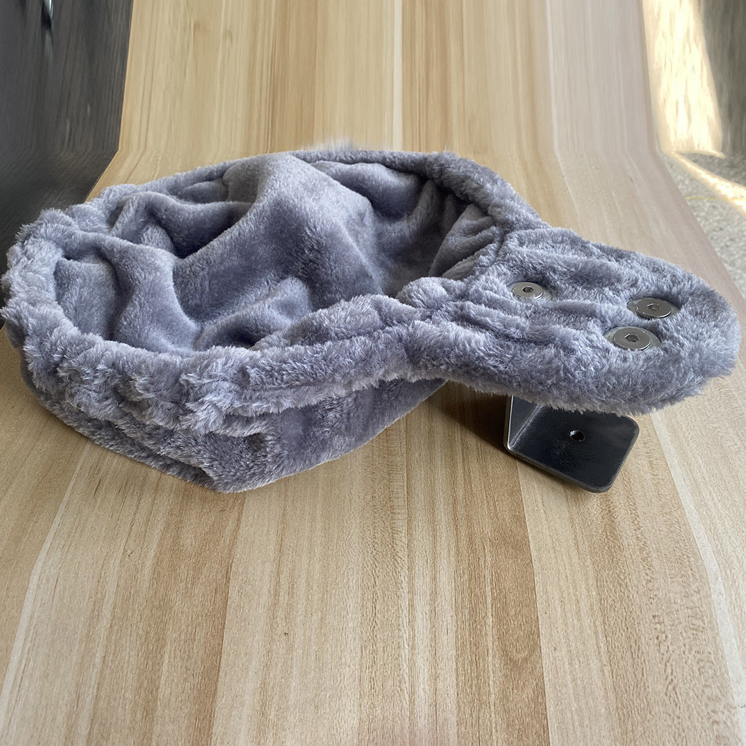 Grey desk-mounted cat nest with climbing rack and plush hammock, product image 1
