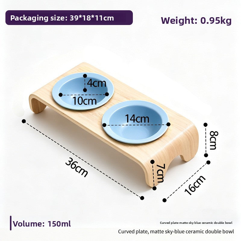 Curved Solid Wood Pet Bowl Stand with Ceramic Double Bowl in Glossy or Matte Colours