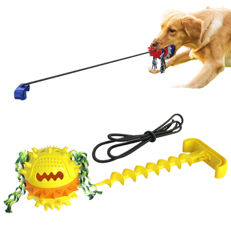 Squeaky tug ball dog toy with pull rope in blue