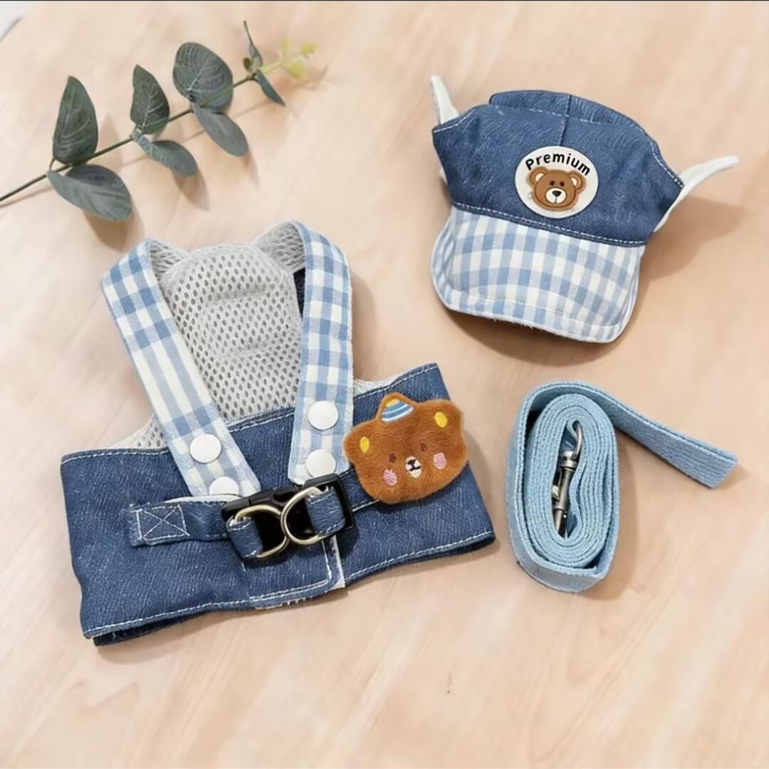 Denim and check pet harness and hat set, available from Pet Royale UK