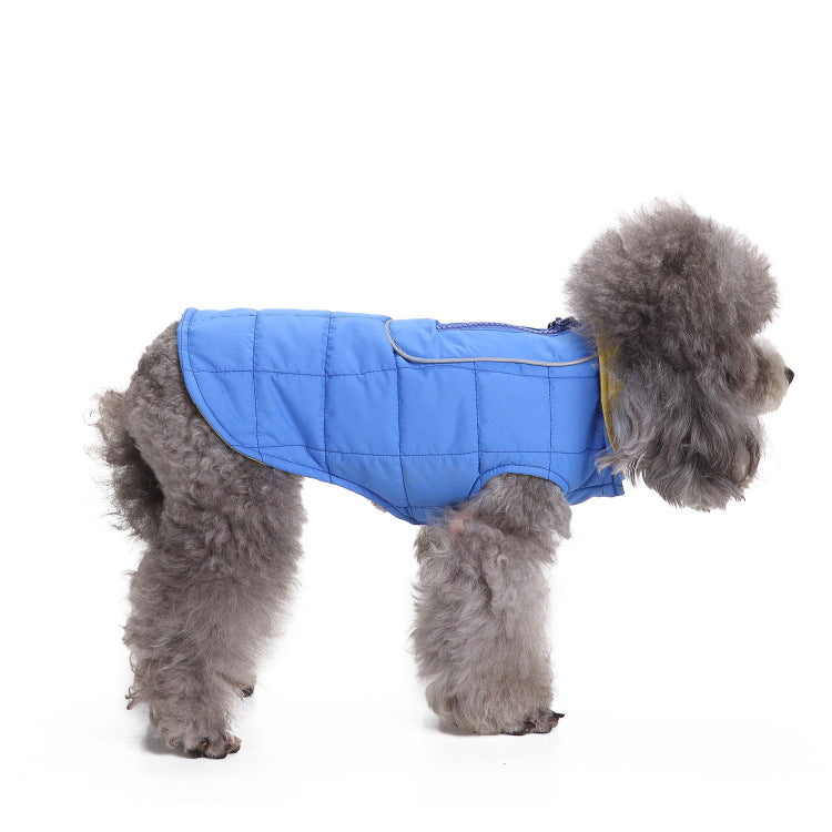 Windproof hooded dog jacket with zip front in Apricot, in use with a pet