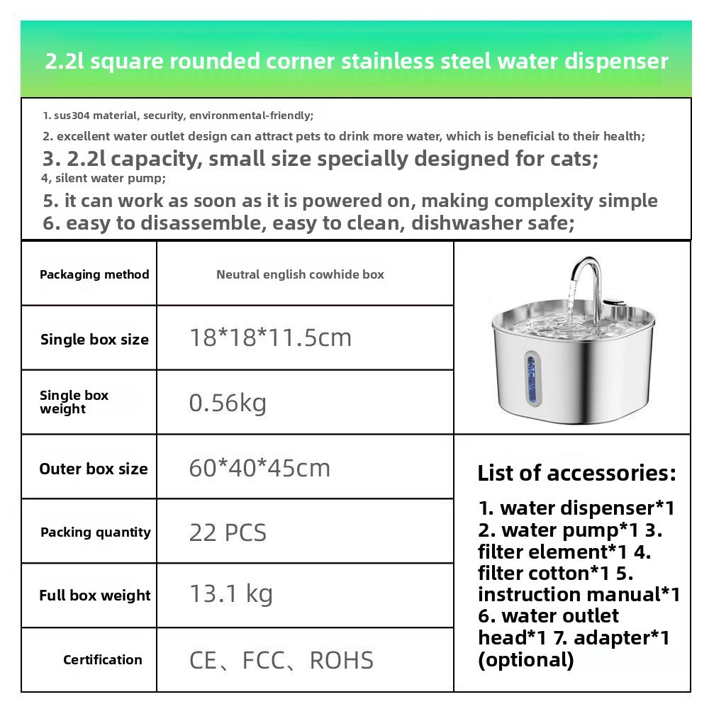2.2L Pet Water Fountain with Stainless Steel Faucet and Filters for Cats and Dogs