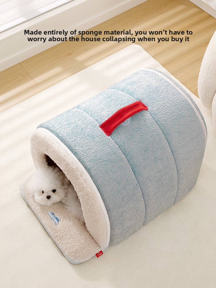 Azure blue semi enclosed roof shaped cat house bed, view 2