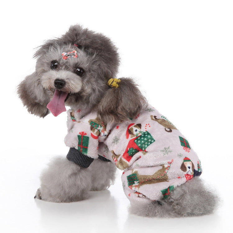 Coral fleece four-leg dog jumpsuit with holiday print, showing size and shape