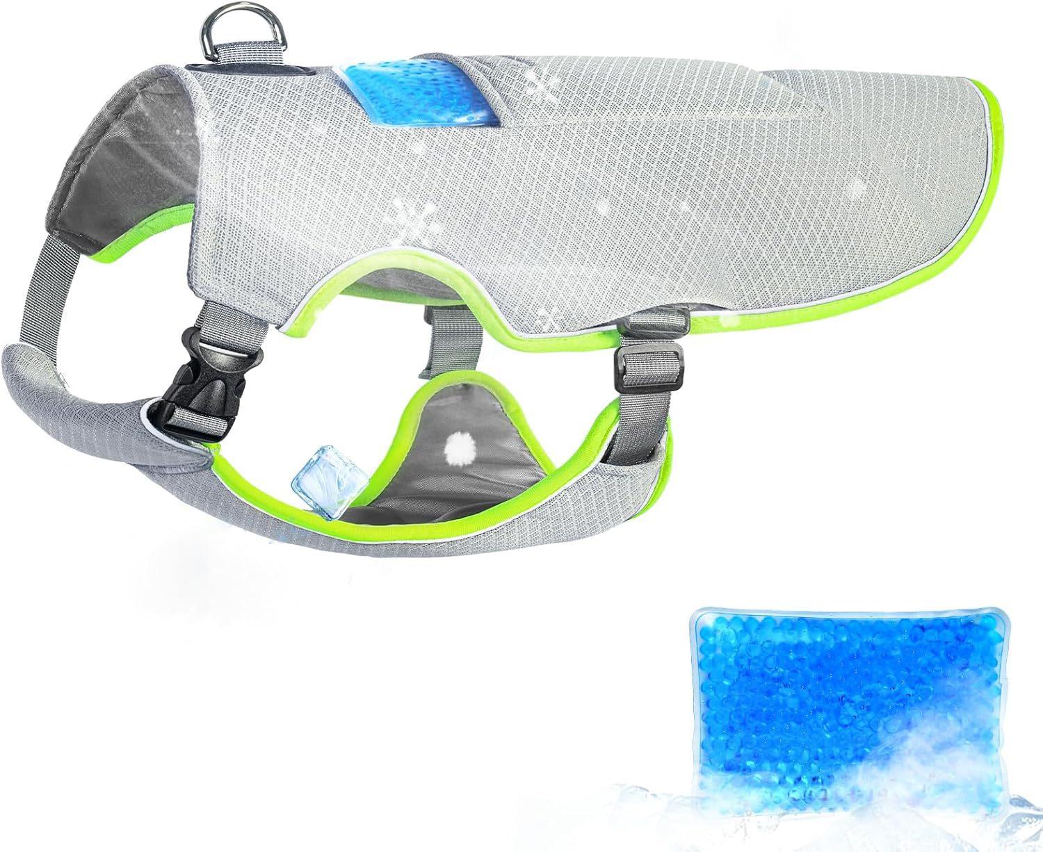 Green dual-layer mesh dog cooling vest with ice pack pocket, product image 9
