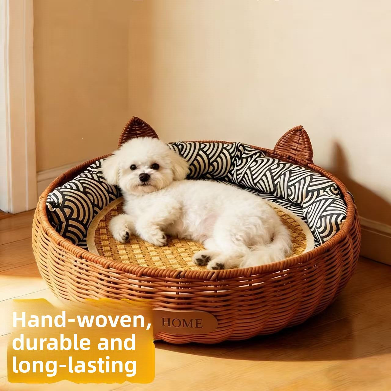 Brown rattan woven pet bed with blue cushion for cats, view 2