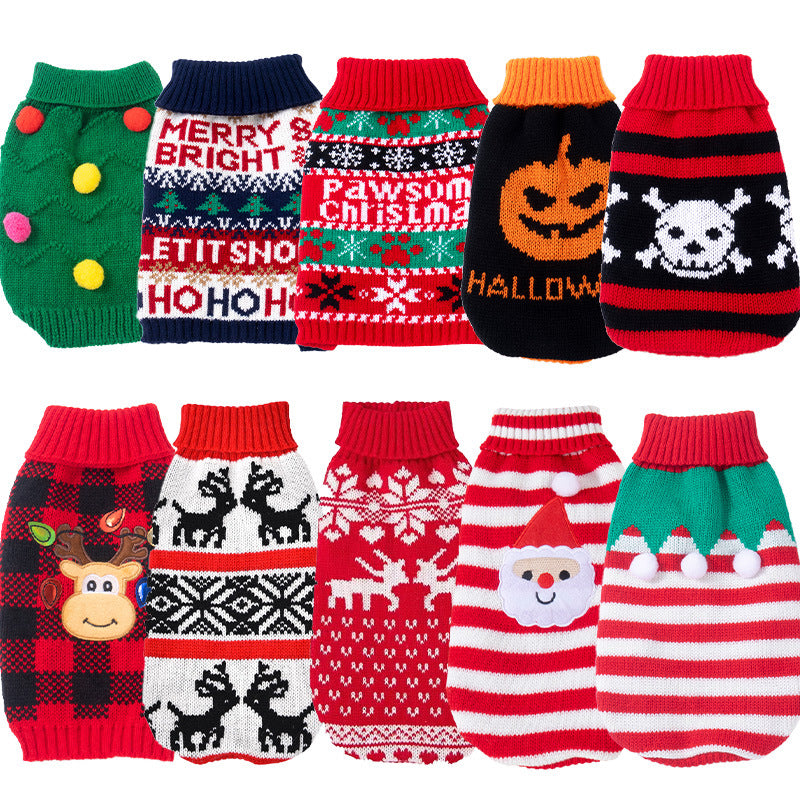 Christmas and Halloween knitted dog jumper in Santa Face, front view