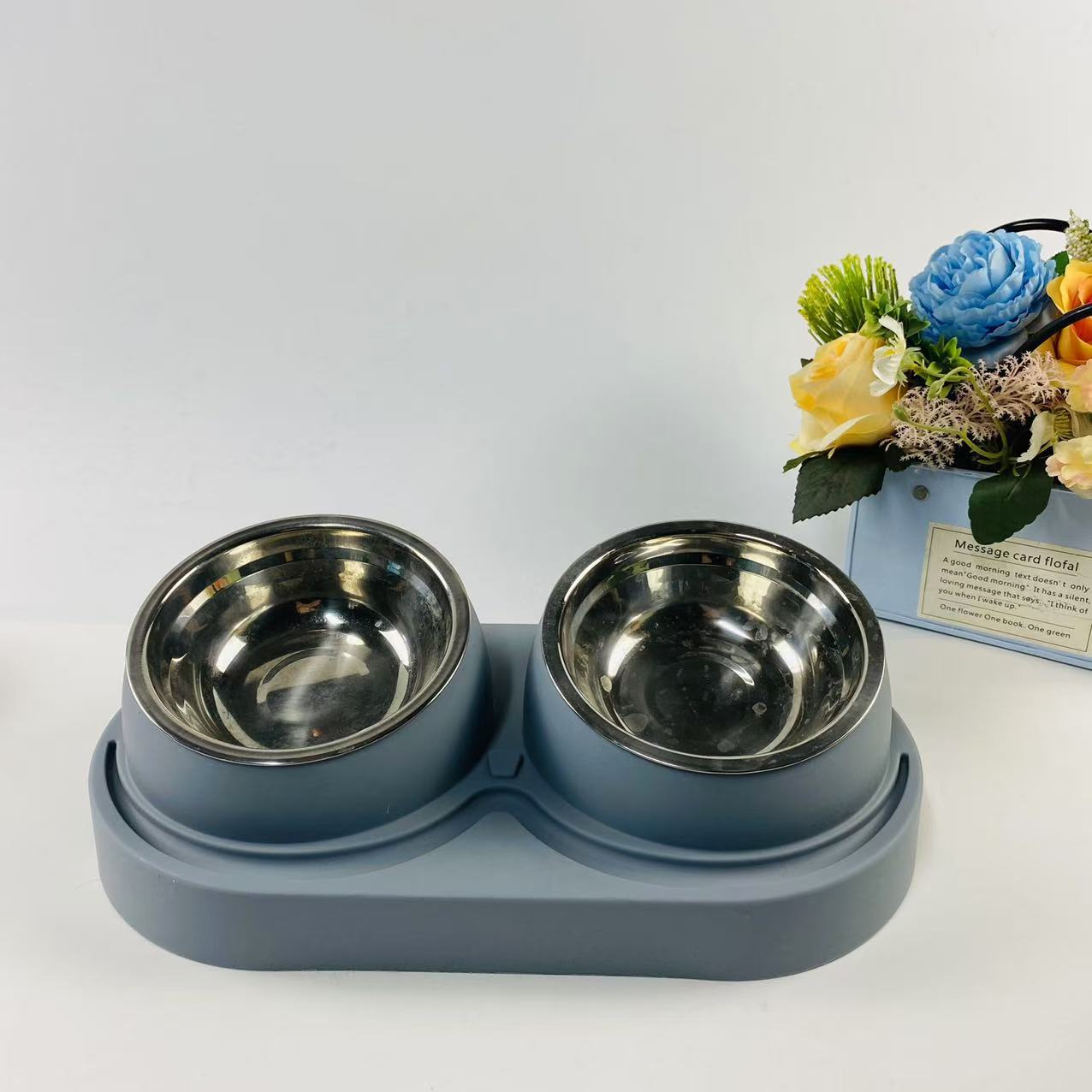 Cat Face Dual Pet Bowl, Stainless Steel or Ceramic