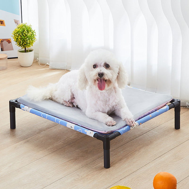 Small dog resting on an elevated bed with cyan alpaca pattern