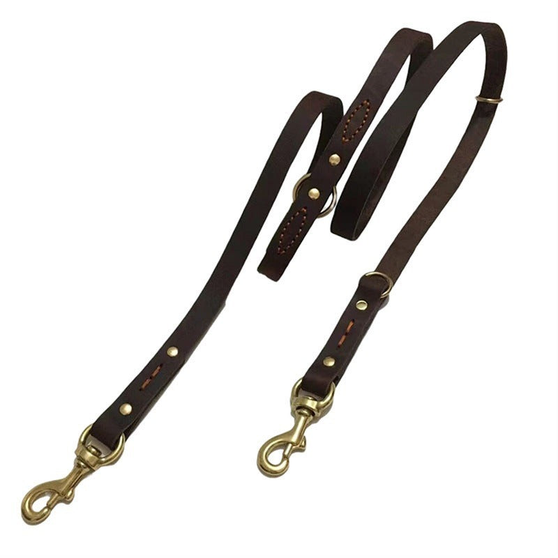 Cowhide leather multi function dog lead with double brass hooks