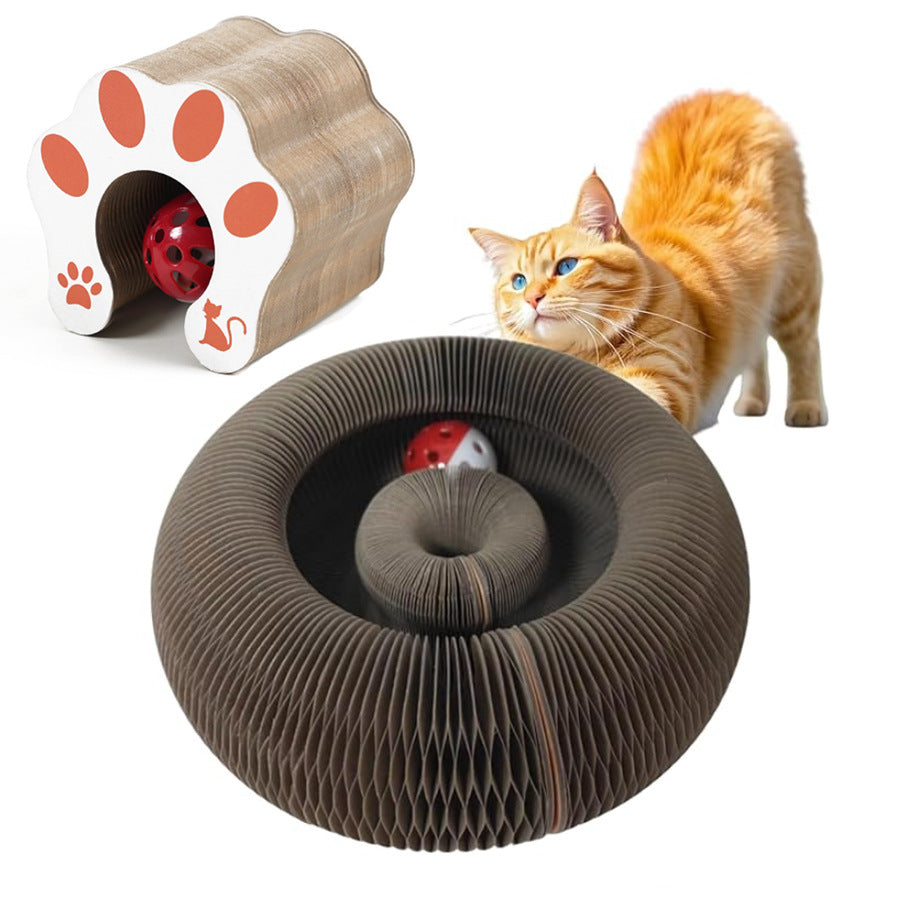 Accordion corrugated cardboard cat scratcher with paw print, photo 3 of 6