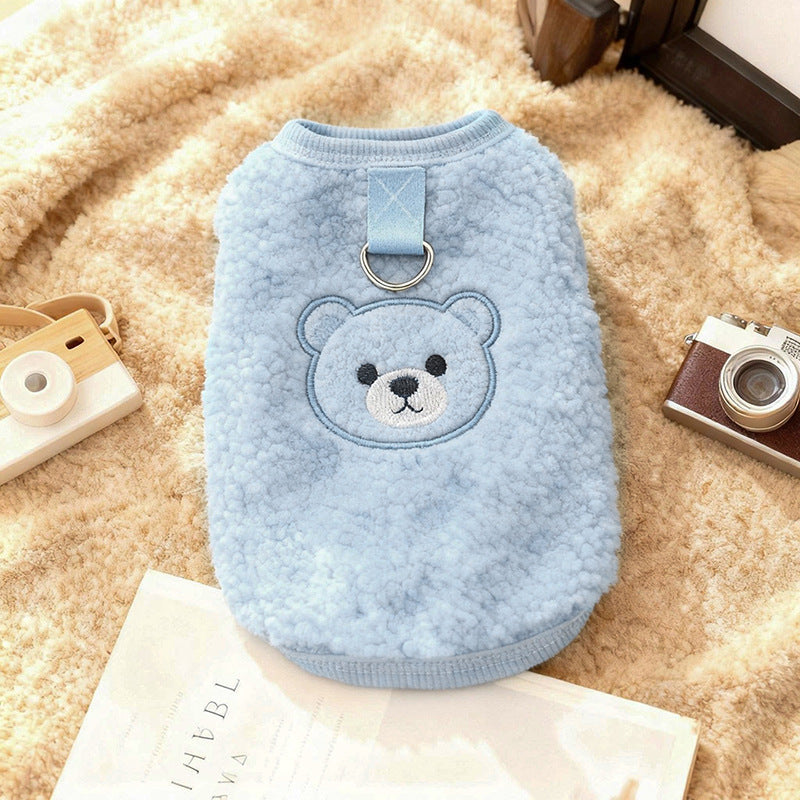 Sherpa fleece bear dog vests in blue, yellow and brown with leads