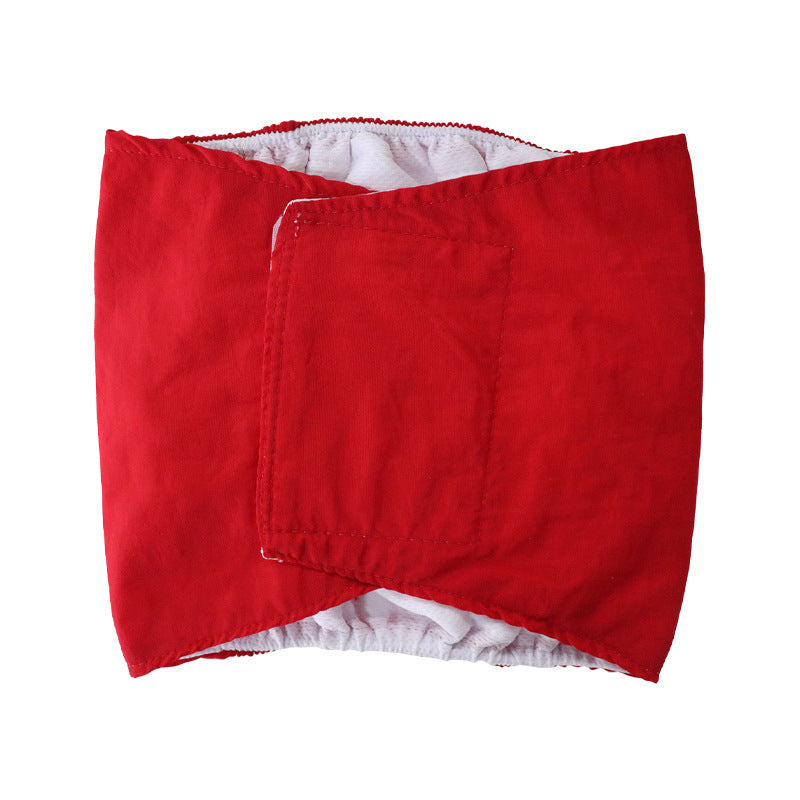 Reusable dog hygiene pants with hook and loop fastening, showing size and shape