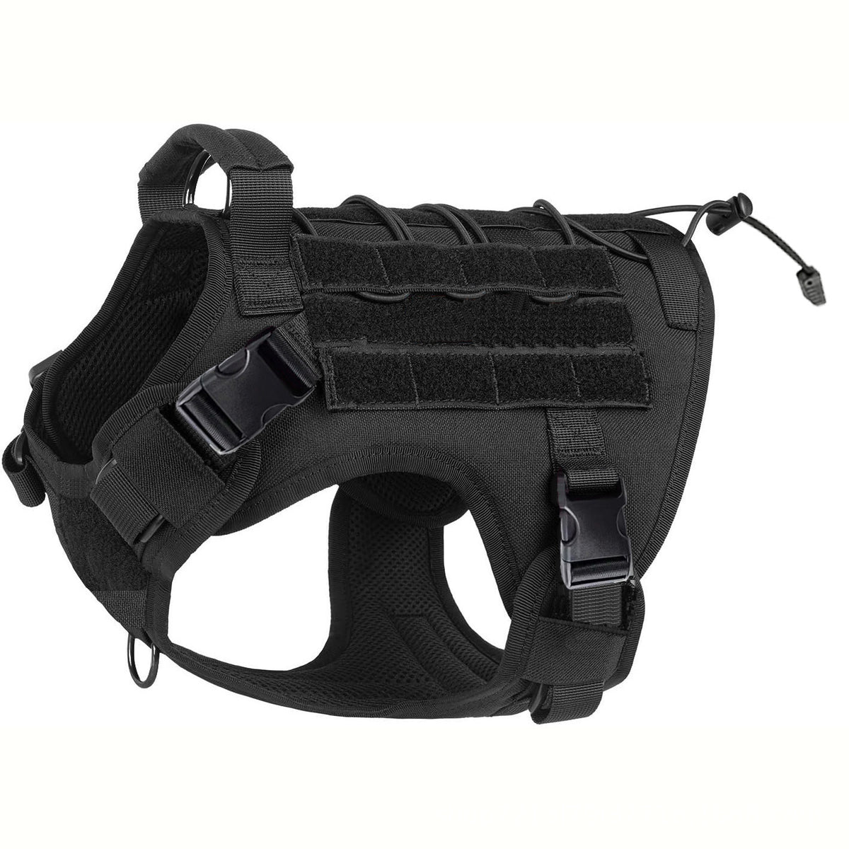 Tactical mesh dog harness with grab handle and reflective trim in black, view 2