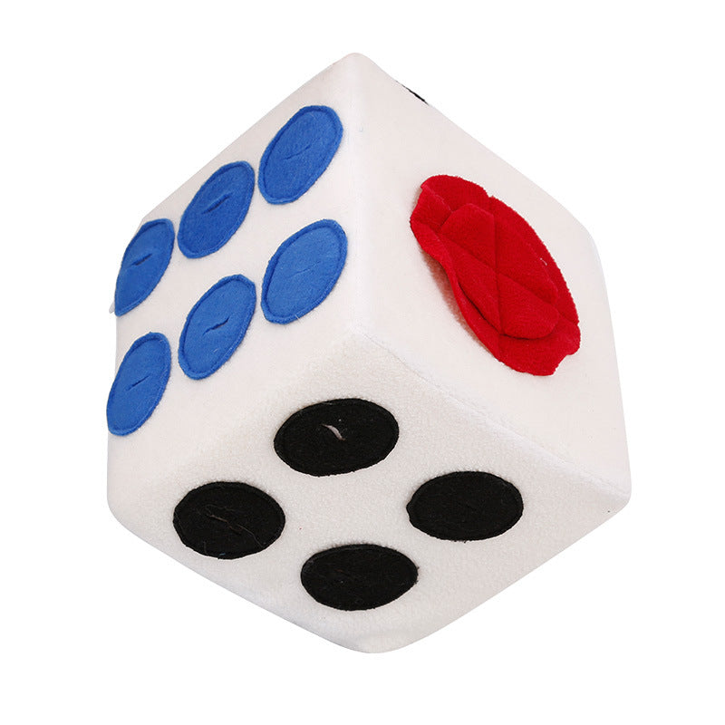 White 20cm fleece snuffle dice toy for dogs with blue red and black dots