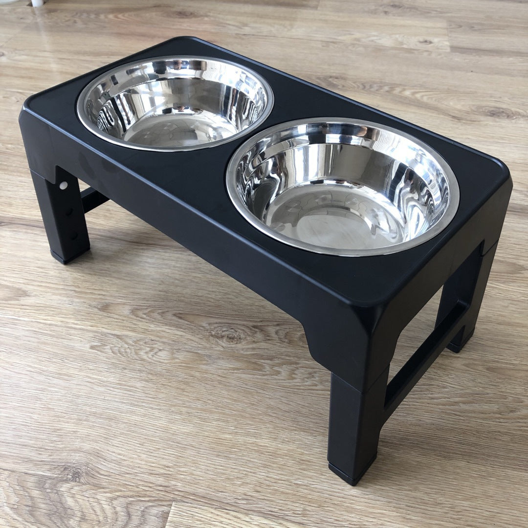 Adjustable Height Stainless Steel Double Dog Bowl in Black with Stable Base for Large Dogs