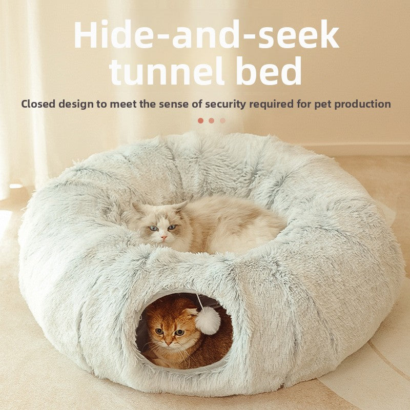 Grey foldable long plush round cat tunnel bed, view 1