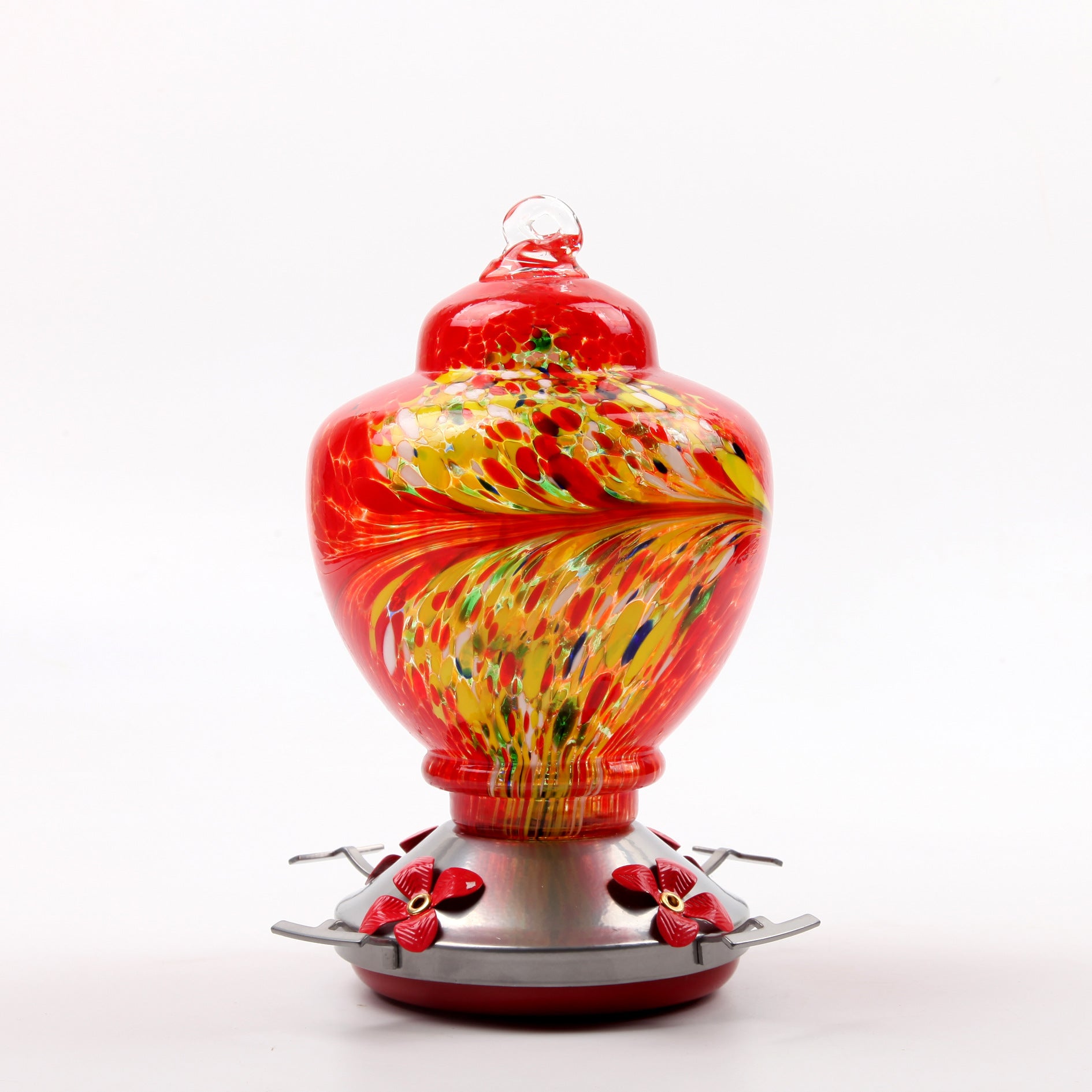 Hand-Painted Glass Hummingbird Feeder with Ant-Proof Hook, Metal Hanger and Cleaning Brush