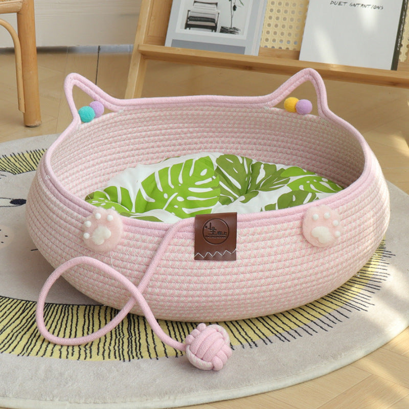Rattan cat nest with pillow and cotton rope scratcher