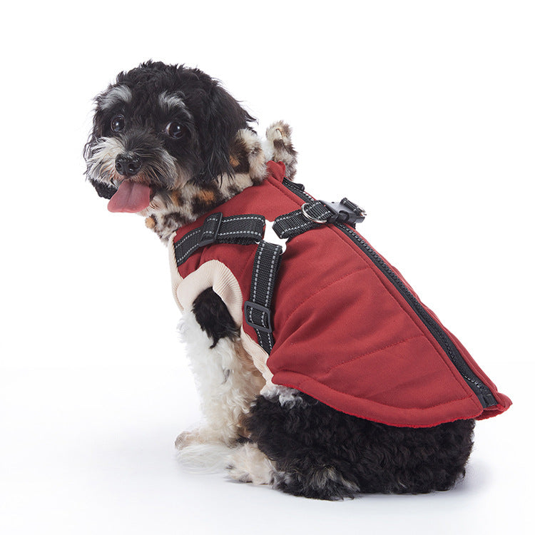 Reflective waterproof dog coat with lamb fleece lining, showing size and shape