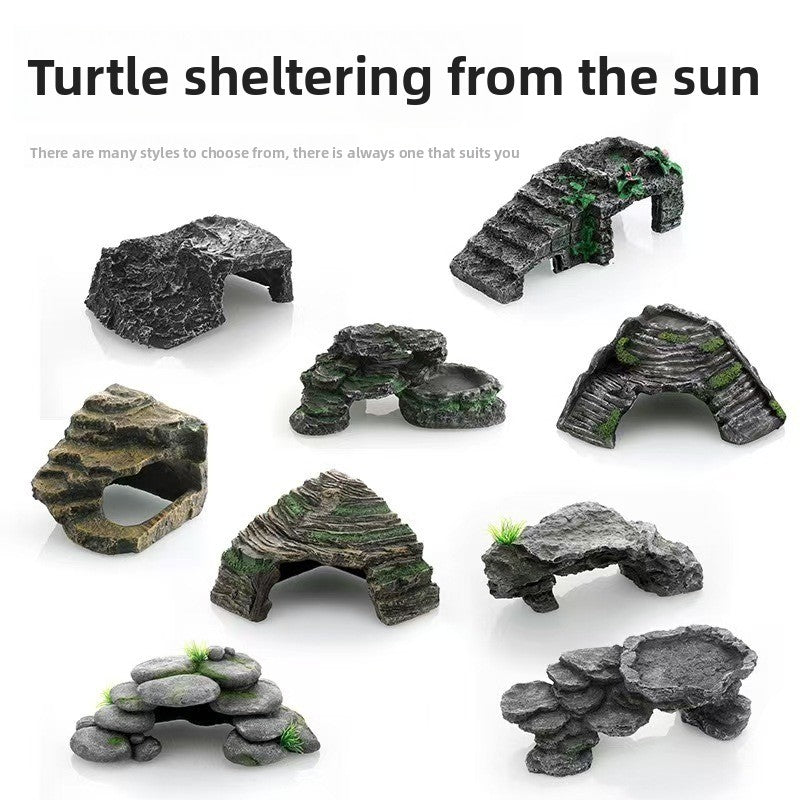 Resin rock turtle basking platform and reptile hide, shown in 37 colours and styles