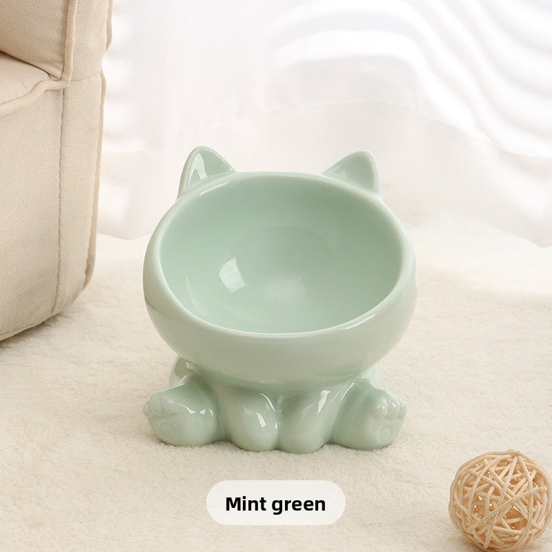 Ceramic Cat Bowl with Angled Mouth and Reaching Hand Designs, Easy-Clean Pet Food Dish