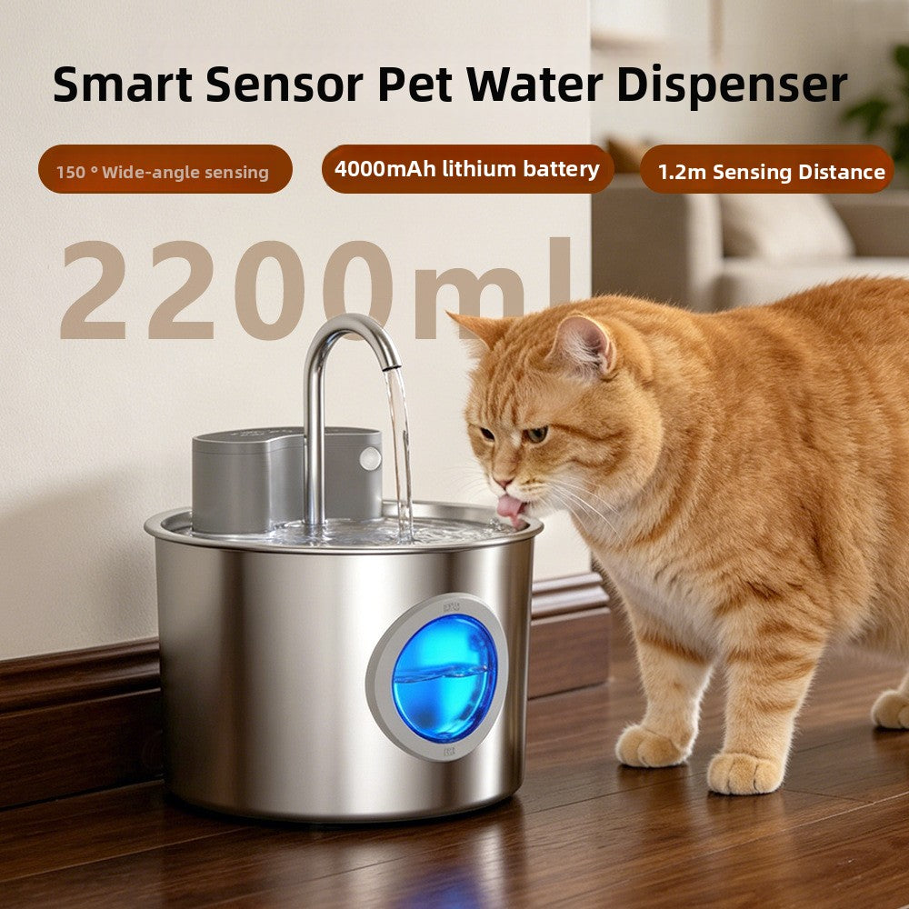 Infrared Sensor Pet Water Fountain, 2.2L 304 Stainless Steel Dispenser with USB Power
