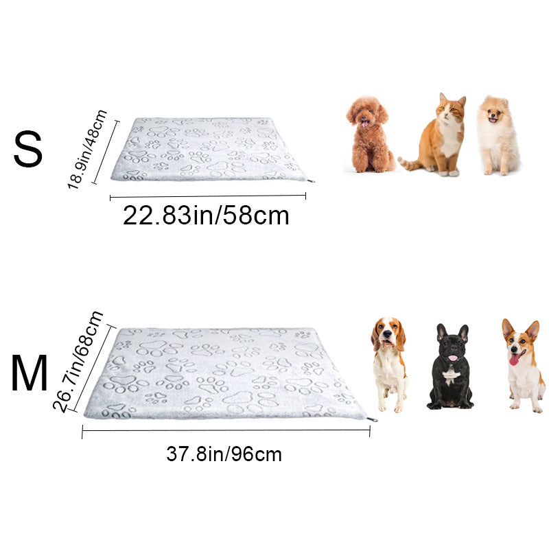 Self-warming pet mat with anti-slip base, shown in 4 colours and styles