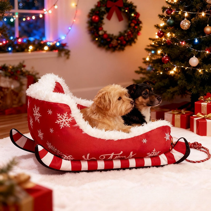 Red Christmas sleigh pet bed for cats and small dogs, view 2