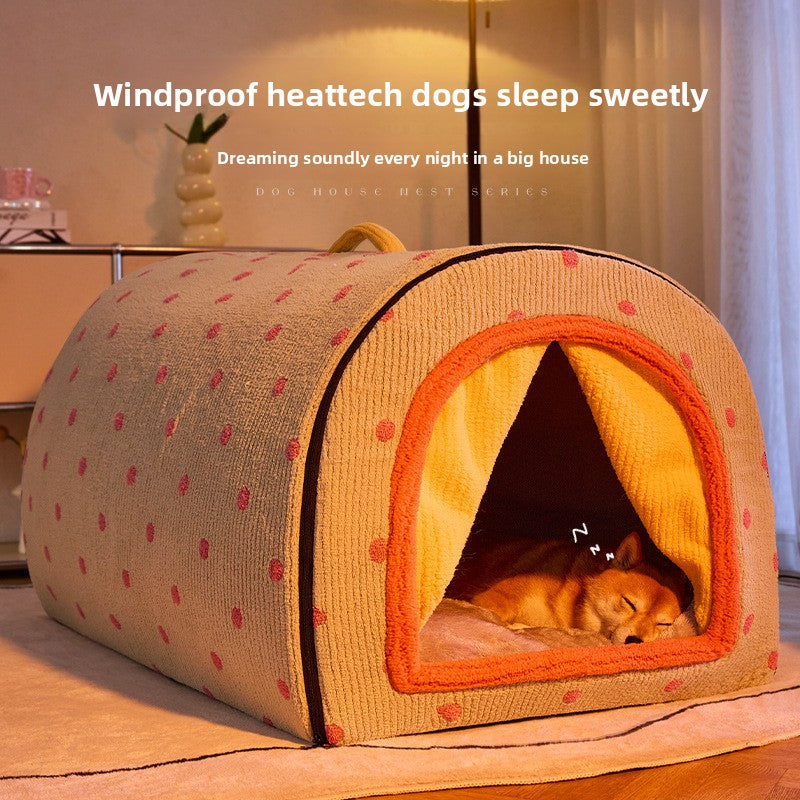Grey portable plush pet bed house with velvet lining, photo 2