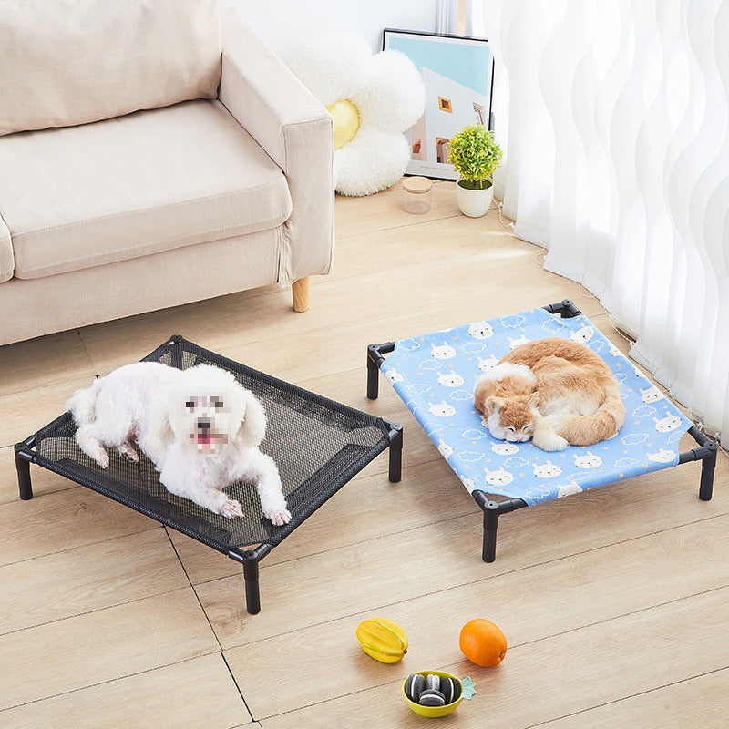 Elevated dog bed with removable cover in grey rabbit print