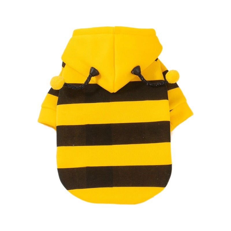 Small dog wearing a yellow and black striped bee sweatshirt