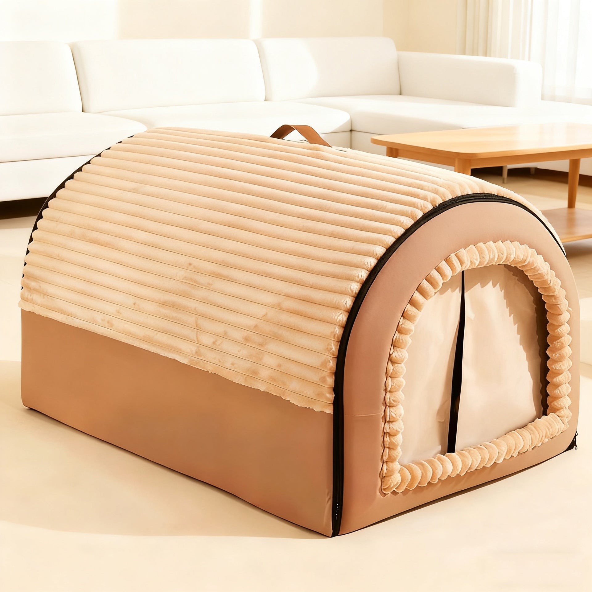 Enclosed pet bed with removable cover, photo from another angle