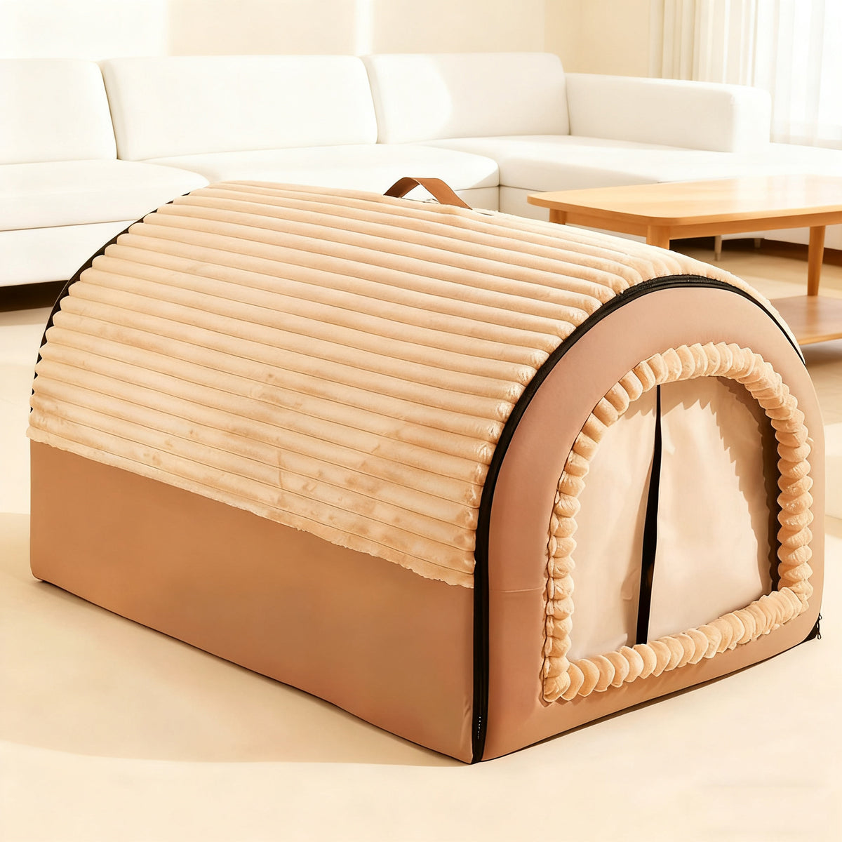 Enclosed pet bed with removable cover, photo from another angle