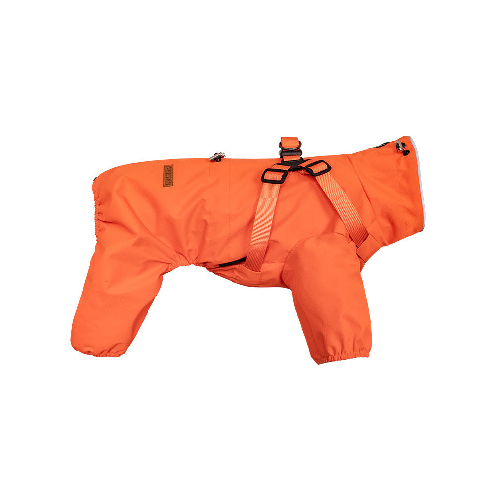 Waterproof four-leg dog raincoat with reflective strips in Black, in a home setting