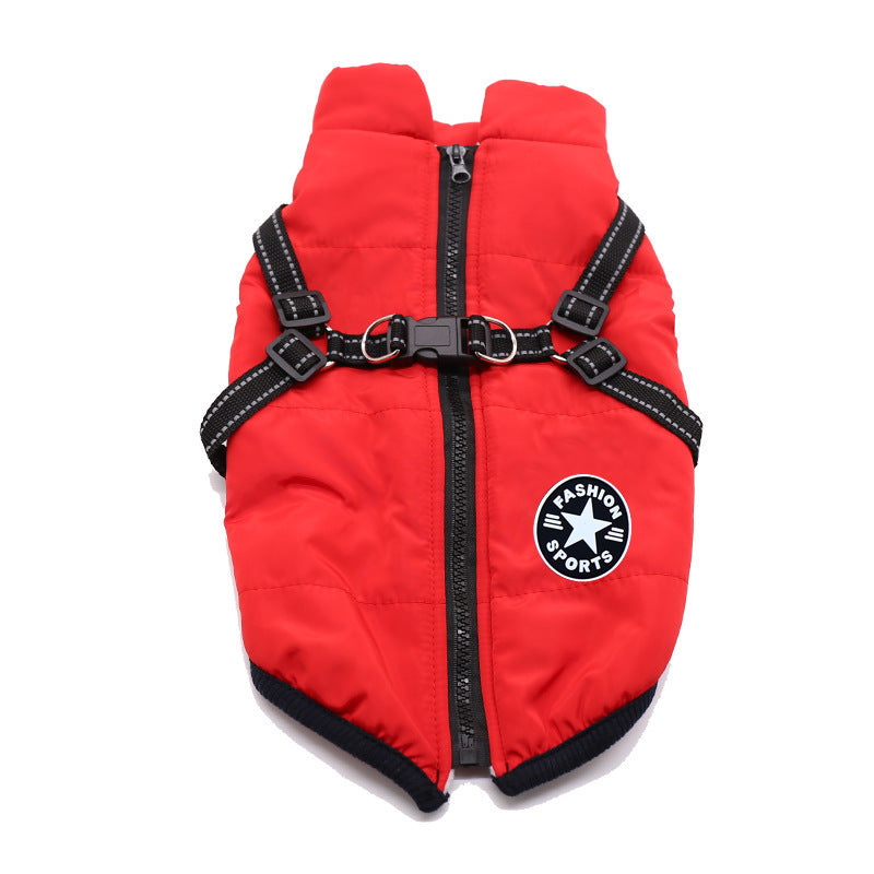 Waterproof padded dog winter coat with cotton insulation in Rose Red, top view