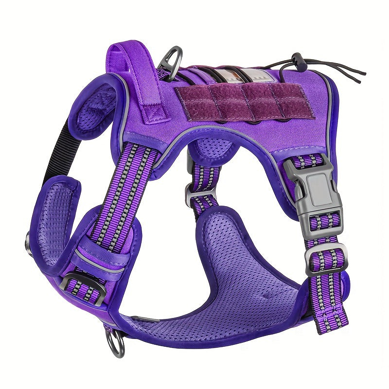 Tactical nylon dog harness with metal buckles in desert camo, view 58