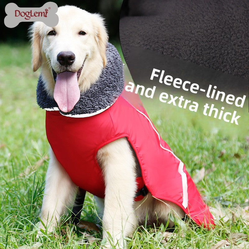 Water-resistant padded dog winter coat with reflective trim in Blue, front view