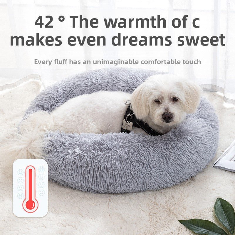 Light grey round plush pet bed with deep nest shape, photo 2