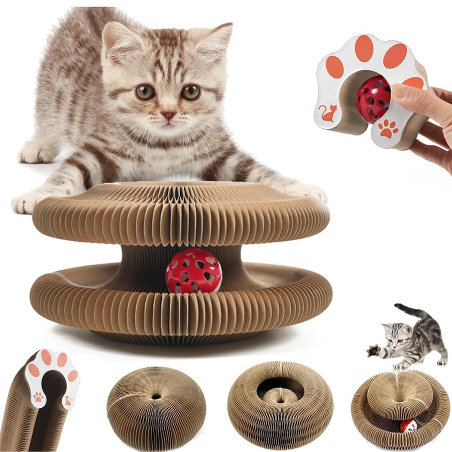 Accordion corrugated cardboard cat scratcher with paw print, photo 1 of 6